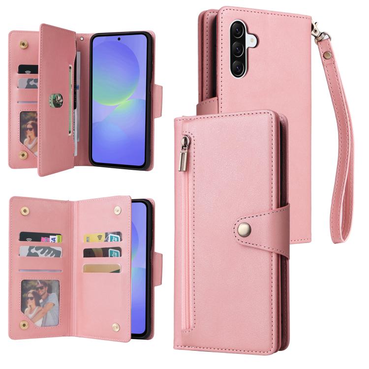 Rivet Buckle 9 Cards Three Fold Leather Phone Case, For Galaxy A08 / A07 4G / 5G, For Galaxy A18 / A17 4G / 5G, For Galaxy A57 5G, For Galaxy A37 5G, For Galaxy A27 5G, For Galaxy A56 5G, For Galaxy A26 5G, For Galaxy A36 5G, For Galaxy A16 5G         ...