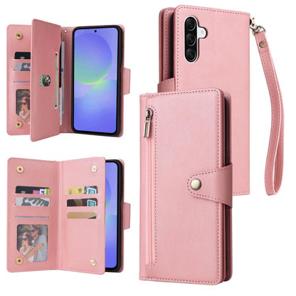 Rivet Buckle 9 Cards Three Fold Leather Phone Case, For Galaxy A08 / A07 4G / 5G, For Galaxy A18 / A17 4G / 5G, For Galaxy A57 5G, For Galaxy A37 5G, For Galaxy A27 5G, For Galaxy A56 5G, For Galaxy A26 5G, For Galaxy A36 5G, For Galaxy A16 5G         ...