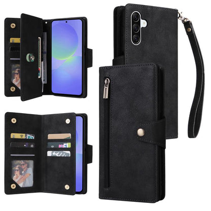 Rivet Buckle 9 Cards Three Fold Leather Phone Case, For Galaxy A08 / A07 4G / 5G, For Galaxy A18 / A17 4G / 5G, For Galaxy A57 5G, For Galaxy A37 5G, For Galaxy A27 5G, For Galaxy A56 5G, For Galaxy A26 5G, For Galaxy A36 5G, For Galaxy A16 5G         ...