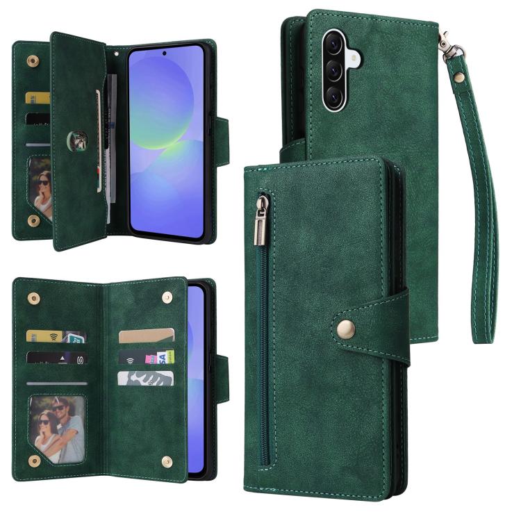 Rivet Buckle 9 Cards Three Fold Leather Phone Case, For Galaxy A08 / A07 4G / 5G, For Galaxy A18 / A17 4G / 5G, For Galaxy A57 5G, For Galaxy A37 5G, For Galaxy A27 5G, For Galaxy A56 5G, For Galaxy A26 5G, For Galaxy A36 5G, For Galaxy A16 5G         ...
