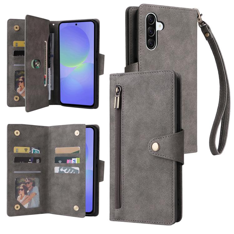 Rivet Buckle 9 Cards Three Fold Leather Phone Case, For Galaxy A08 / A07 4G / 5G, For Galaxy A18 / A17 4G / 5G, For Galaxy A57 5G, For Galaxy A37 5G, For Galaxy A27 5G, For Galaxy A56 5G, For Galaxy A26 5G, For Galaxy A36 5G, For Galaxy A16 5G         ...
