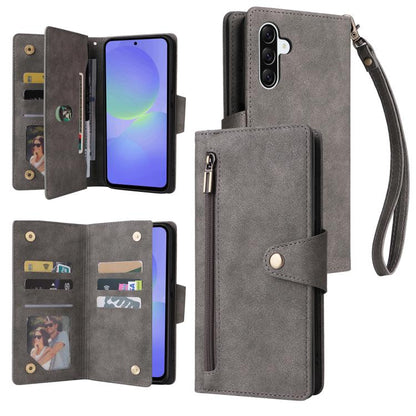 Rivet Buckle 9 Cards Three Fold Leather Phone Case, For Galaxy A08 / A07 4G / 5G, For Galaxy A18 / A17 4G / 5G, For Galaxy A57 5G, For Galaxy A37 5G, For Galaxy A27 5G, For Galaxy A56 5G, For Galaxy A26 5G, For Galaxy A36 5G, For Galaxy A16 5G         ...