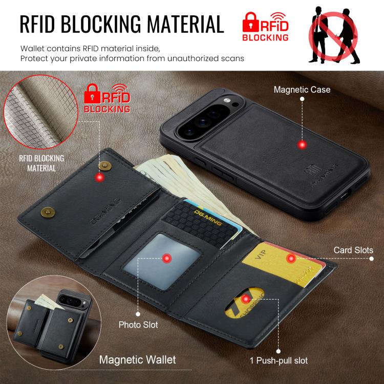 DG.MING M6 Series RFID Tri-fold Card Bag Removable Leather Phone Case, For Google Pixel 10 Pro XL, For Google Pixel 10 / Pixel 10 Pro, For Google Pixel 9 Pro XL, For Google Pixel 8 Pro, For Google Pixel 8
