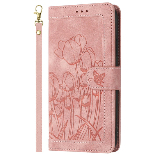 Tulips Embossed Leather Phone Case with Lanyard, For iPhone 17e / 16e, For iPhone 17 Pro Max, For iPhone 17 Pro, For iPhone 17, For iPhone Air, For iPhone 16 Pro Max, For iPhone 16 Pro, For iPhone 16 Plus, For iPhone 16, For iPhone 15 Pro Max          ...