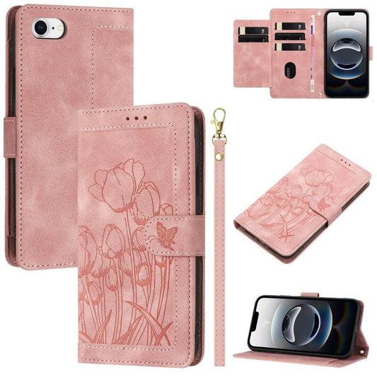 Tulips Embossed Leather Phone Case with Lanyard, For iPhone 17e / 16e, For iPhone 17 Pro Max, For iPhone 17 Pro, For iPhone 17, For iPhone Air, For iPhone 16 Pro Max, For iPhone 16 Pro, For iPhone 16 Plus, For iPhone 16, For iPhone 15 Pro Max          ...