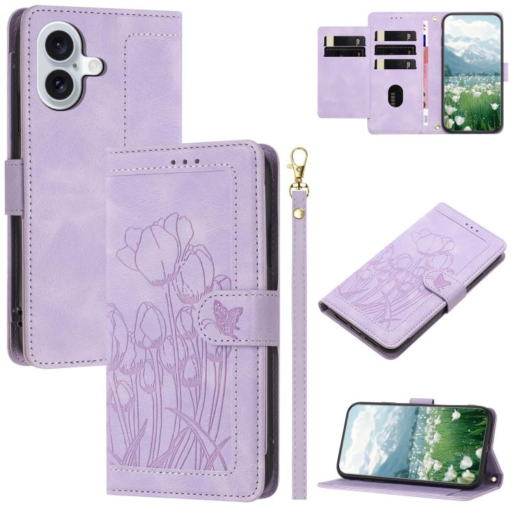 Tulips Embossed Leather Phone Case with Lanyard
