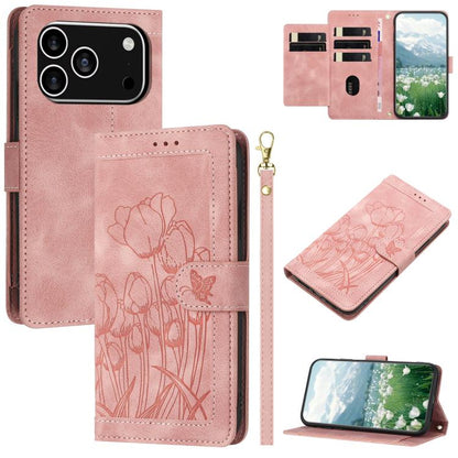 Tulips Embossed Leather Phone Case with Lanyard
