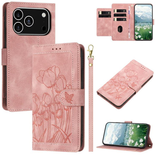 Tulips Embossed Leather Phone Case with Lanyard, For iPhone 18 Pro / 17 Pro, For iPhone 18 Pro Max / 17 Pro Max, For iPhone 17e / 16e, For iPhone 17, For iPhone Air, For iPhone 16 Pro Max, For iPhone 16 Pro, For iPhone 16 Plus, For iPhone 16