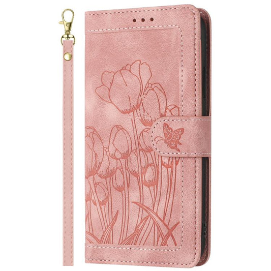 Tulips Embossed Leather Phone Case with Lanyard, For iPhone 18 Pro / 17 Pro, For iPhone 18 Pro Max / 17 Pro Max, For iPhone 17e / 16e, For iPhone 17, For iPhone Air, For iPhone 16 Pro Max, For iPhone 16 Pro, For iPhone 16 Plus, For iPhone 16           ...
