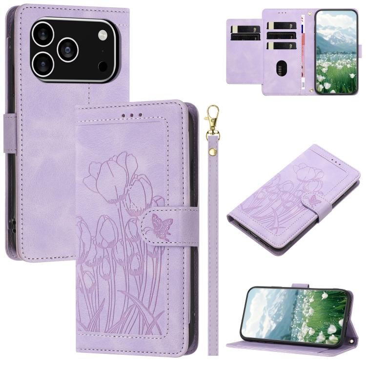 Tulips Embossed Leather Phone Case with Lanyard