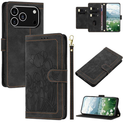 Tulips Embossed Leather Phone Case with Lanyard