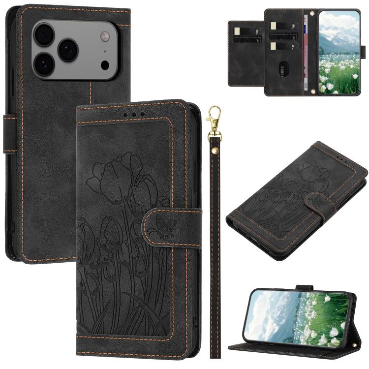 Tulips Embossed Leather Phone Case with Lanyard
