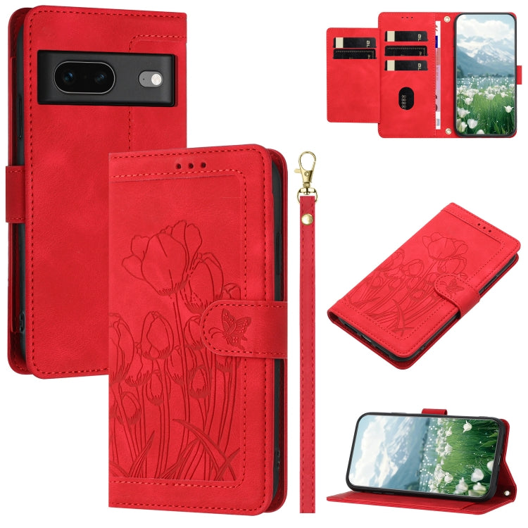 Tulips Embossed Leather Phone Case with Lanyard, For Google Pixel 11 Pro XL, For Google Pixel 11 / 11 Pro, For Google Pixel 10a, For Google Pixel 10 Pro XL, For Google Pixel 10, For Google Pixel 9a, For Google Pixel 9 Pro XL, For Google Pixel 9 / 9 Pro...