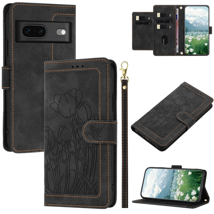 Tulips Embossed Leather Phone Case with Lanyard, For Google Pixel 11 Pro XL, For Google Pixel 11 / 11 Pro, For Google Pixel 10a, For Google Pixel 10 Pro XL, For Google Pixel 10, For Google Pixel 9a, For Google Pixel 9 Pro XL, For Google Pixel 9 / 9 Pro...