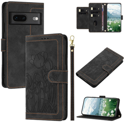 Tulips Embossed Leather Phone Case with Lanyard, For Google Pixel 11 Pro XL, For Google Pixel 11 / 11 Pro, For Google Pixel 10a, For Google Pixel 10 Pro XL, For Google Pixel 10, For Google Pixel 9a, For Google Pixel 9 Pro XL, For Google Pixel 9 / 9 Pro...