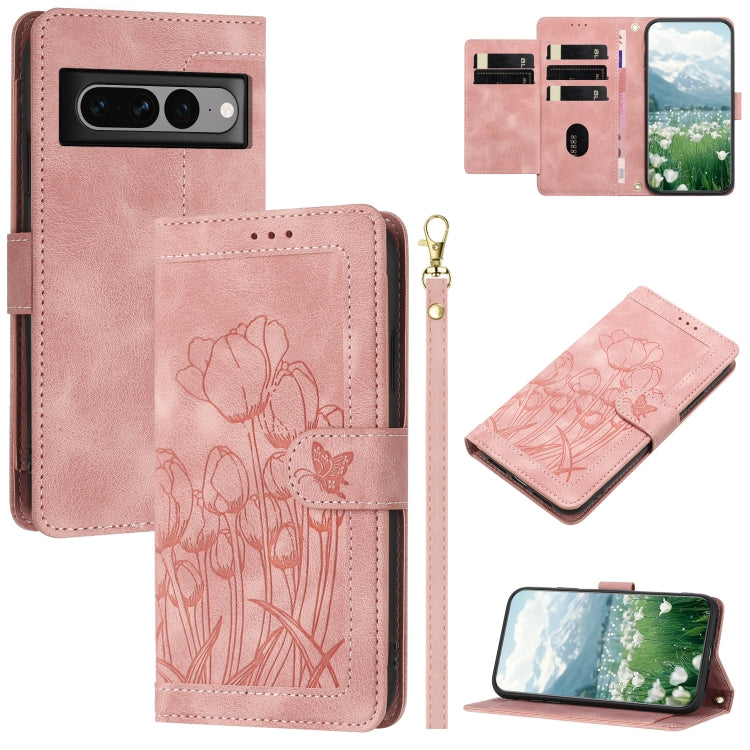 Tulips Embossed Leather Phone Case with Lanyard, For Google Pixel 11 Pro XL, For Google Pixel 11 / 11 Pro, For Google Pixel 10a, For Google Pixel 10 Pro XL, For Google Pixel 10, For Google Pixel 9a, For Google Pixel 9 Pro XL, For Google Pixel 9 / 9 Pro...