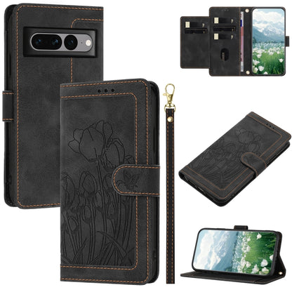 Tulips Embossed Leather Phone Case with Lanyard, For Google Pixel 11 Pro XL, For Google Pixel 11 / 11 Pro, For Google Pixel 10a, For Google Pixel 10 Pro XL, For Google Pixel 10, For Google Pixel 9a, For Google Pixel 9 Pro XL, For Google Pixel 9 / 9 Pro...