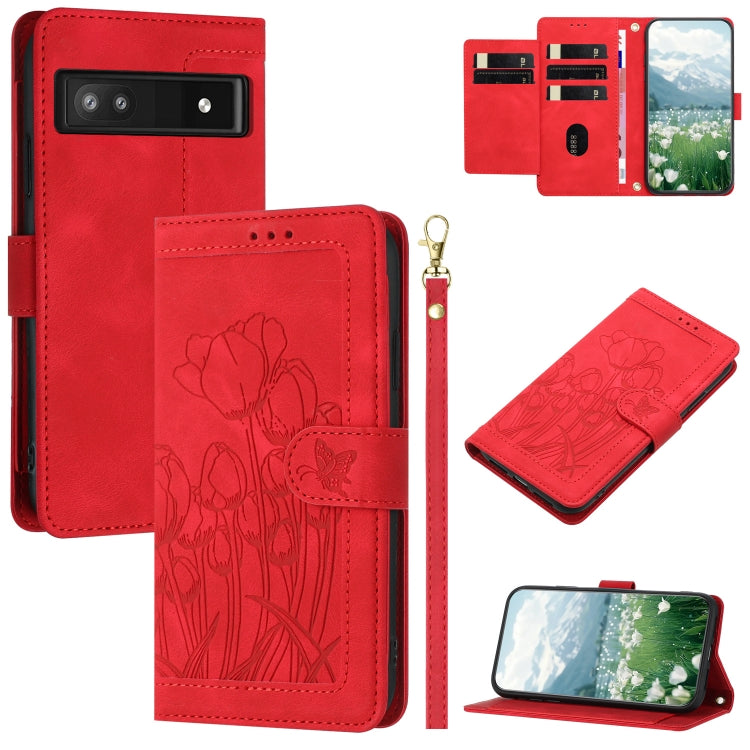 Tulips Embossed Leather Phone Case with Lanyard, For Google Pixel 11 Pro XL, For Google Pixel 11 / 11 Pro, For Google Pixel 10a, For Google Pixel 10 Pro XL, For Google Pixel 10, For Google Pixel 9a, For Google Pixel 9 Pro XL, For Google Pixel 9 / 9 Pro...