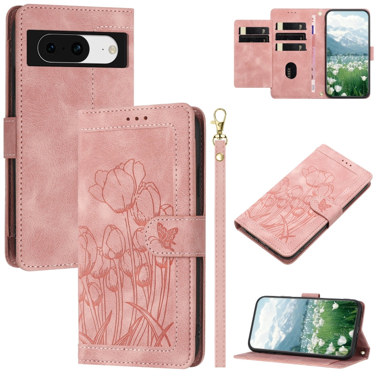 Tulips Embossed Leather Phone Case with Lanyard, For Google Pixel 11 Pro XL, For Google Pixel 11 / 11 Pro, For Google Pixel 10a, For Google Pixel 10 Pro XL, For Google Pixel 10, For Google Pixel 9a, For Google Pixel 9 Pro XL, For Google Pixel 9 / 9 Pro...