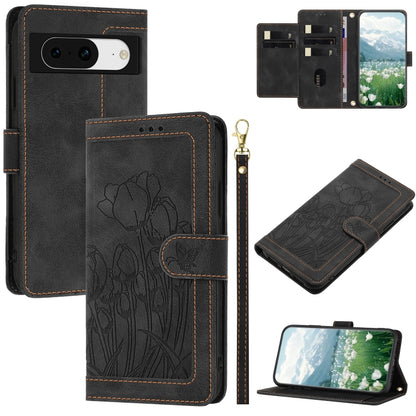 Tulips Embossed Leather Phone Case with Lanyard, For Google Pixel 11 Pro XL, For Google Pixel 11 / 11 Pro, For Google Pixel 10a, For Google Pixel 10 Pro XL, For Google Pixel 10, For Google Pixel 9a, For Google Pixel 9 Pro XL, For Google Pixel 9 / 9 Pro...