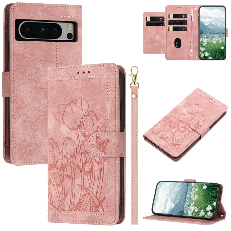 Tulips Embossed Leather Phone Case with Lanyard, For Google Pixel 11 Pro XL, For Google Pixel 11 / 11 Pro, For Google Pixel 10a, For Google Pixel 10 Pro XL, For Google Pixel 10, For Google Pixel 9a, For Google Pixel 9 Pro XL, For Google Pixel 9 / 9 Pro...