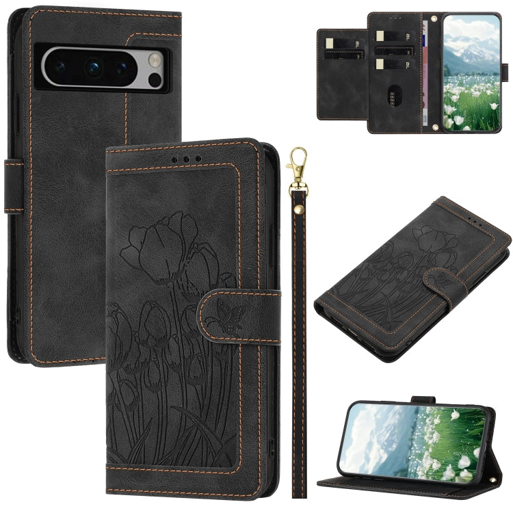 Tulips Embossed Leather Phone Case with Lanyard, For Google Pixel 11 Pro XL, For Google Pixel 11 / 11 Pro, For Google Pixel 10a, For Google Pixel 10 Pro XL, For Google Pixel 10, For Google Pixel 9a, For Google Pixel 9 Pro XL, For Google Pixel 9 / 9 Pro...