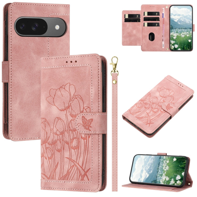 Tulips Embossed Leather Phone Case with Lanyard, For Google Pixel 11 Pro XL, For Google Pixel 11 / 11 Pro, For Google Pixel 10a, For Google Pixel 10 Pro XL, For Google Pixel 10, For Google Pixel 9a, For Google Pixel 9 Pro XL, For Google Pixel 9 / 9 Pro...