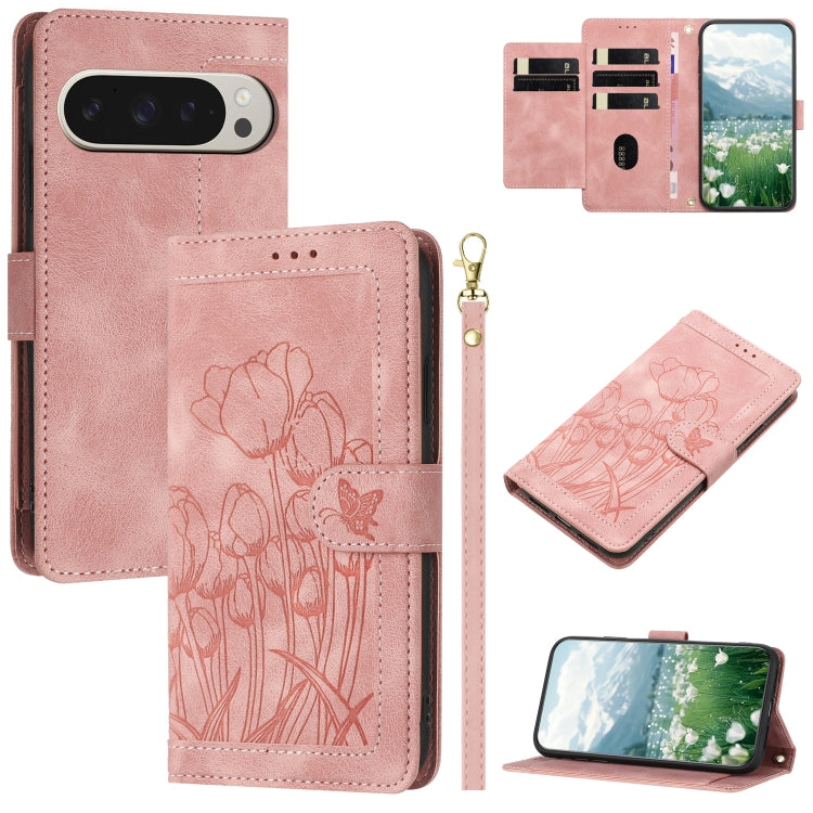 Tulips Embossed Leather Phone Case with Lanyard, For Google Pixel 11 Pro XL, For Google Pixel 11 / 11 Pro, For Google Pixel 10a, For Google Pixel 10 Pro XL, For Google Pixel 10, For Google Pixel 9a, For Google Pixel 9 Pro XL, For Google Pixel 9 / 9 Pro...