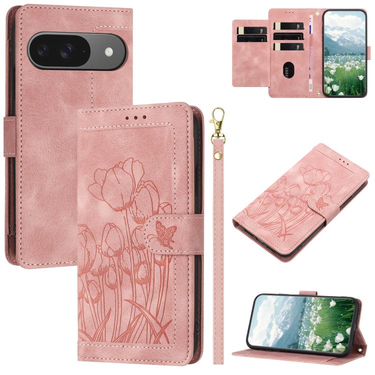 Tulips Embossed Leather Phone Case with Lanyard, For Google Pixel 11 Pro XL, For Google Pixel 11 / 11 Pro, For Google Pixel 10a, For Google Pixel 10 Pro XL, For Google Pixel 10, For Google Pixel 9a, For Google Pixel 9 Pro XL, For Google Pixel 9 / 9 Pro...