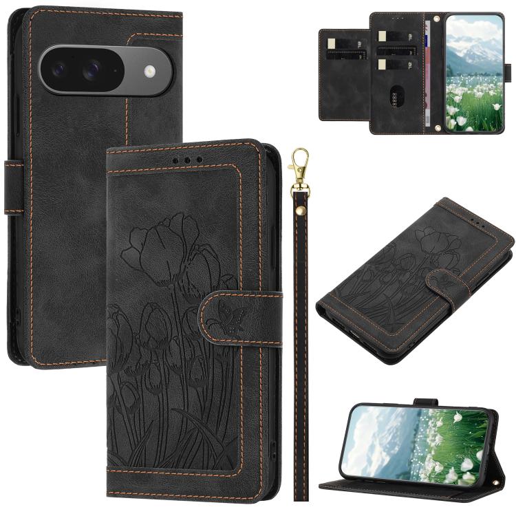 Tulips Embossed Leather Phone Case with Lanyard, For Google Pixel 11 Pro XL, For Google Pixel 11 / 11 Pro, For Google Pixel 10a, For Google Pixel 10 Pro XL, For Google Pixel 10, For Google Pixel 9a, For Google Pixel 9 Pro XL, For Google Pixel 9 / 9 Pro...