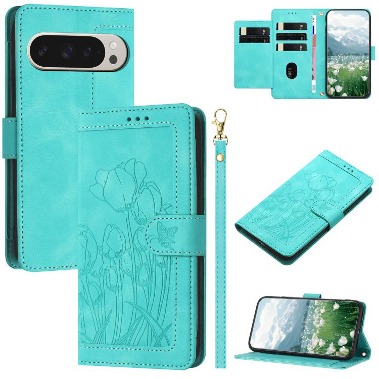 Tulips Embossed Leather Phone Case with Lanyard, For Google Pixel 11 Pro XL, For Google Pixel 11 / 11 Pro, For Google Pixel 10a, For Google Pixel 10 Pro XL, For Google Pixel 10, For Google Pixel 9a, For Google Pixel 9 Pro XL, For Google Pixel 9 / 9 Pro...