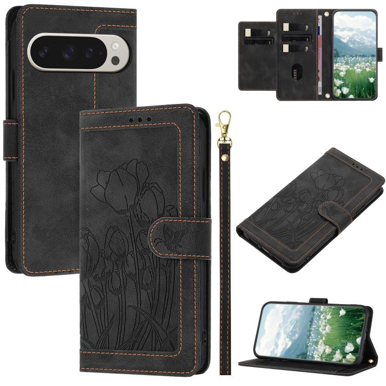 Tulips Embossed Leather Phone Case with Lanyard, For Google Pixel 11 Pro XL, For Google Pixel 11 / 11 Pro, For Google Pixel 10a, For Google Pixel 10 Pro XL, For Google Pixel 10, For Google Pixel 9a, For Google Pixel 9 Pro XL, For Google Pixel 9 / 9 Pro...