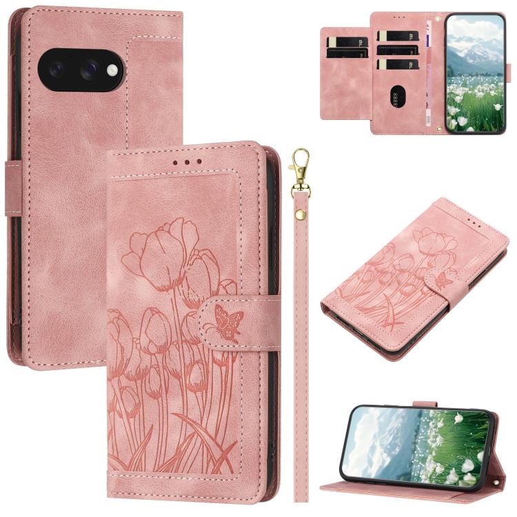 Tulips Embossed Leather Phone Case with Lanyard, For Google Pixel 11 Pro XL, For Google Pixel 11 / 11 Pro, For Google Pixel 10a, For Google Pixel 10 Pro XL, For Google Pixel 10, For Google Pixel 9a, For Google Pixel 9 Pro XL, For Google Pixel 9 / 9 Pro...