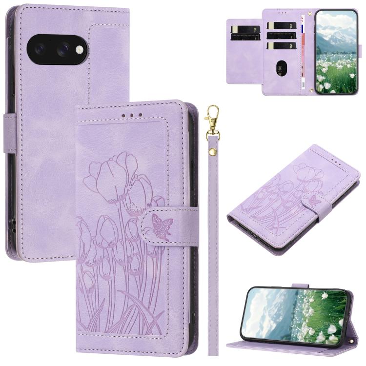 Tulips Embossed Leather Phone Case with Lanyard, For Google Pixel 11 Pro XL, For Google Pixel 11 / 11 Pro, For Google Pixel 10a, For Google Pixel 10 Pro XL, For Google Pixel 10, For Google Pixel 9a, For Google Pixel 9 Pro XL, For Google Pixel 9 / 9 Pro...
