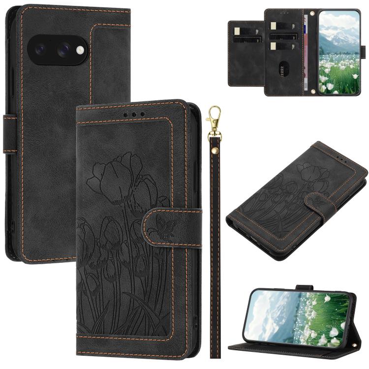 Tulips Embossed Leather Phone Case with Lanyard, For Google Pixel 11 Pro XL, For Google Pixel 11 / 11 Pro, For Google Pixel 10a, For Google Pixel 10 Pro XL, For Google Pixel 10, For Google Pixel 9a, For Google Pixel 9 Pro XL, For Google Pixel 9 / 9 Pro...