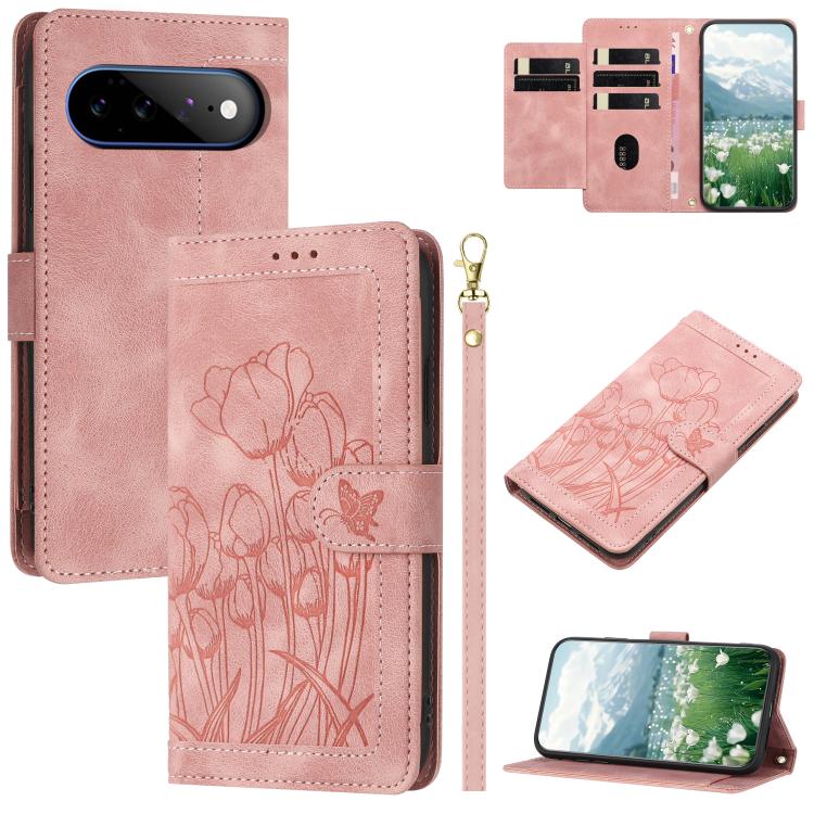 Tulips Embossed Leather Phone Case with Lanyard, For Google Pixel 11 Pro XL, For Google Pixel 11 / 11 Pro, For Google Pixel 10a, For Google Pixel 10 Pro XL, For Google Pixel 10, For Google Pixel 9a, For Google Pixel 9 Pro XL, For Google Pixel 9 / 9 Pro...