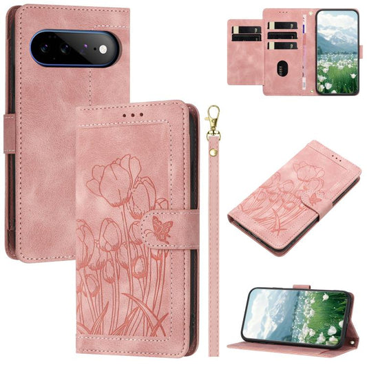 Tulips Embossed Leather Phone Case with Lanyard, For Google Pixel 11 Pro XL, For Google Pixel 11 / 11 Pro, For Google Pixel 10a, For Google Pixel 10 Pro XL, For Google Pixel 10, For Google Pixel 9a, For Google Pixel 9 Pro XL, For Google Pixel 9 / 9 Pro...