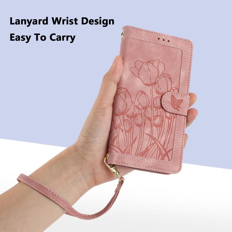 Tulips Embossed Leather Phone Case with Lanyard, For Google Pixel 11 Pro XL, For Google Pixel 11 / 11 Pro, For Google Pixel 10a, For Google Pixel 10 Pro XL, For Google Pixel 10, For Google Pixel 9a, For Google Pixel 9 Pro XL, For Google Pixel 9 / 9 Pro...