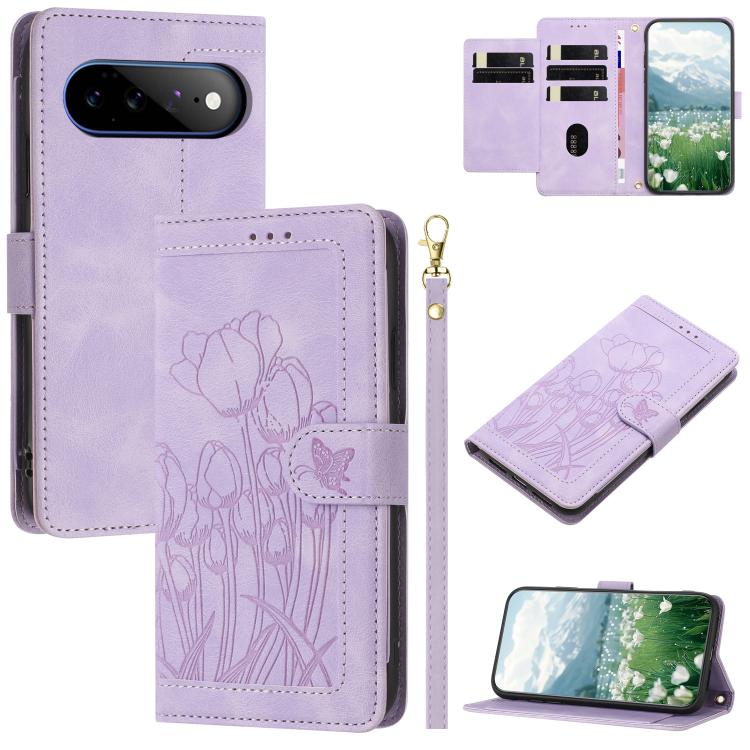 Tulips Embossed Leather Phone Case with Lanyard, For Google Pixel 11 Pro XL, For Google Pixel 11 / 11 Pro, For Google Pixel 10a, For Google Pixel 10 Pro XL, For Google Pixel 10, For Google Pixel 9a, For Google Pixel 9 Pro XL, For Google Pixel 9 / 9 Pro...