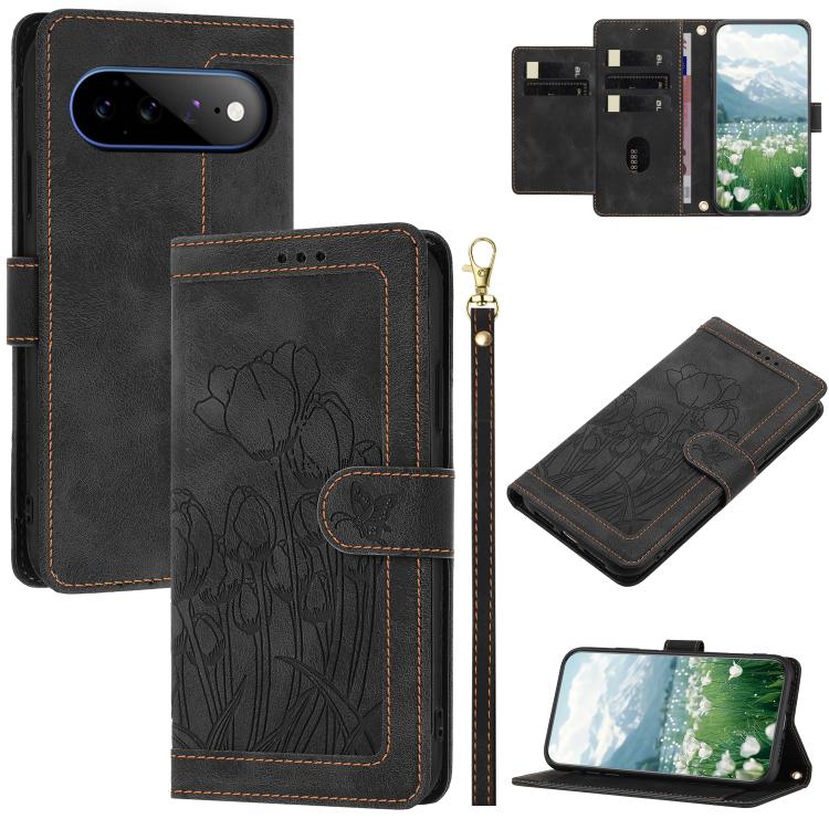 Tulips Embossed Leather Phone Case with Lanyard, For Google Pixel 11 Pro XL, For Google Pixel 11 / 11 Pro, For Google Pixel 10a, For Google Pixel 10 Pro XL, For Google Pixel 10, For Google Pixel 9a, For Google Pixel 9 Pro XL, For Google Pixel 9 / 9 Pro...
