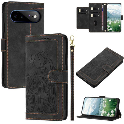 Tulips Embossed Leather Phone Case with Lanyard, For Google Pixel 11 Pro XL, For Google Pixel 11 / 11 Pro, For Google Pixel 10a, For Google Pixel 10 Pro XL, For Google Pixel 10, For Google Pixel 9a, For Google Pixel 9 Pro XL, For Google Pixel 9 / 9 Pro...