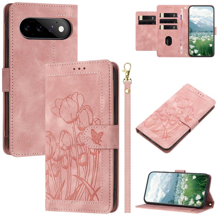 Tulips Embossed Leather Phone Case with Lanyard, For Google Pixel 11 Pro XL, For Google Pixel 11 / 11 Pro, For Google Pixel 10a, For Google Pixel 10 Pro XL, For Google Pixel 10, For Google Pixel 9a, For Google Pixel 9 Pro XL, For Google Pixel 9 / 9 Pro...