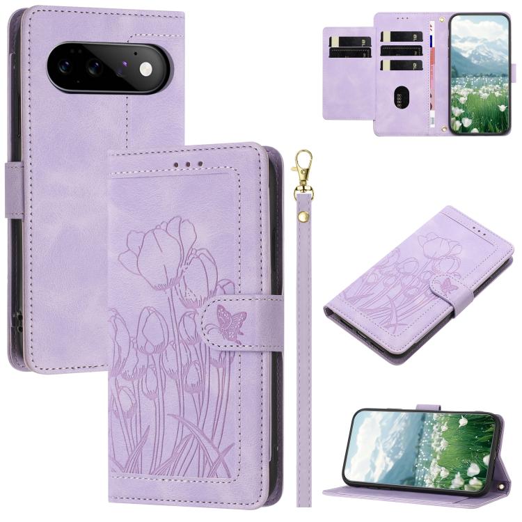 Tulips Embossed Leather Phone Case with Lanyard, For Google Pixel 11 Pro XL, For Google Pixel 11 / 11 Pro, For Google Pixel 10a, For Google Pixel 10 Pro XL, For Google Pixel 10, For Google Pixel 9a, For Google Pixel 9 Pro XL, For Google Pixel 9 / 9 Pro...