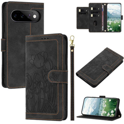 Tulips Embossed Leather Phone Case with Lanyard, For Google Pixel 11 Pro XL, For Google Pixel 11 / 11 Pro, For Google Pixel 10a, For Google Pixel 10 Pro XL, For Google Pixel 10, For Google Pixel 9a, For Google Pixel 9 Pro XL, For Google Pixel 9 / 9 Pro...