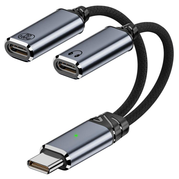2 in 1 Type-C Male to PD 100W Type-C Charging and Type-C Audio Female Earphone Adapter