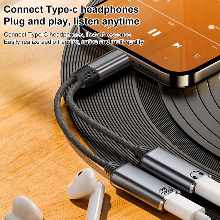 2 in 1 Type-C Male to PD 100W Type-C Charging and Type-C Audio Female Earphone Adapter