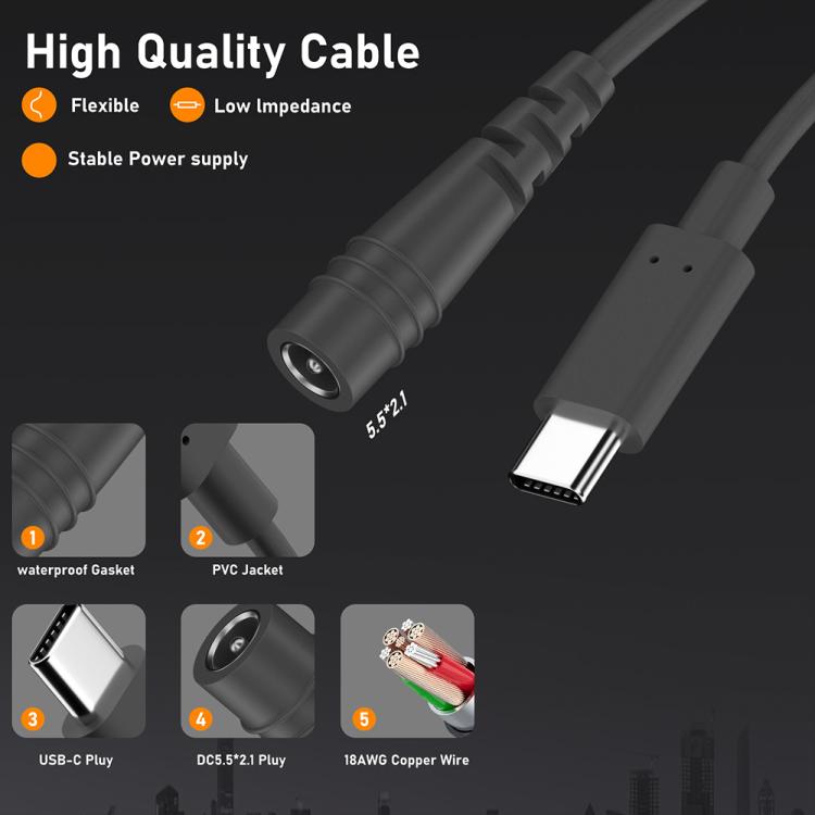 Type-C to DC 5.5x2.1mm 100W Computer Charging Adapter, 0.5m, 2m, 3m, 5m, 10m