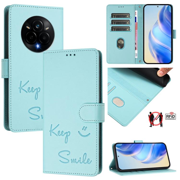 Smile Embossing RFID Leather Phone Case, For Realme 14x Global / V70 5G / C75 5G, For Realme Narzo 80 Pro / 14 Pro 5G India, For Realme 14 5G / 14T 5G Global, For Realme P3 Ultra 5G, For Realme P3 5G, For Realme 14 Pro+ 5G, For Realme 14 Pro 5G