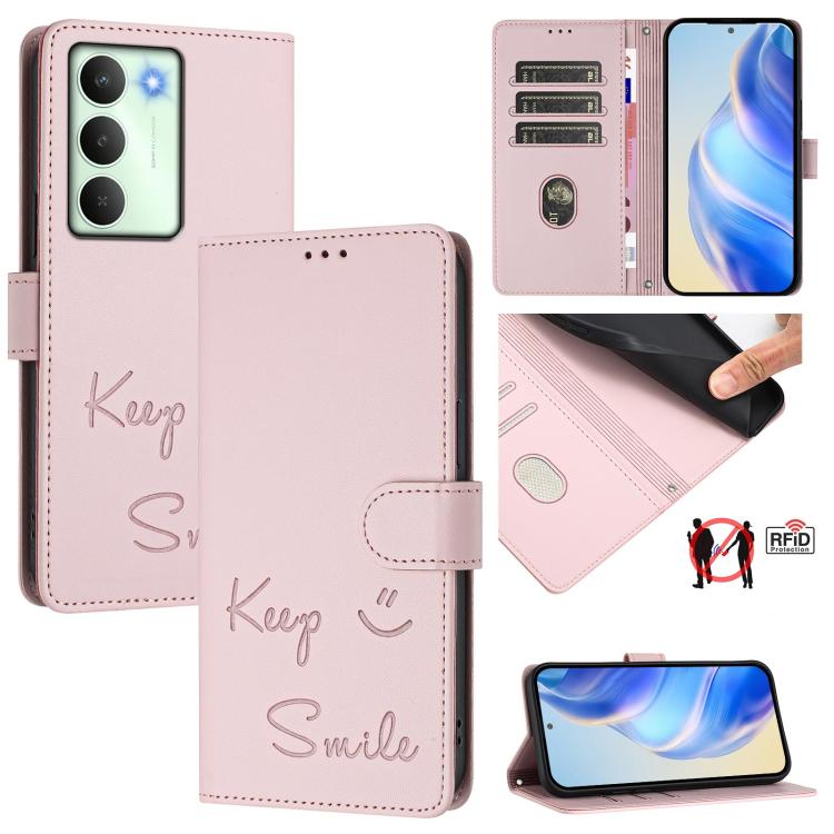 Smile Embossing RFID Leather Phone Case, For Realme 14x Global / V70 5G / C75 5G, For Realme Narzo 80 Pro / 14 Pro 5G India, For Realme 14 5G / 14T 5G Global, For Realme P3 Ultra 5G, For Realme P3 5G, For Realme 14 Pro+ 5G, For Realme 14 Pro 5G