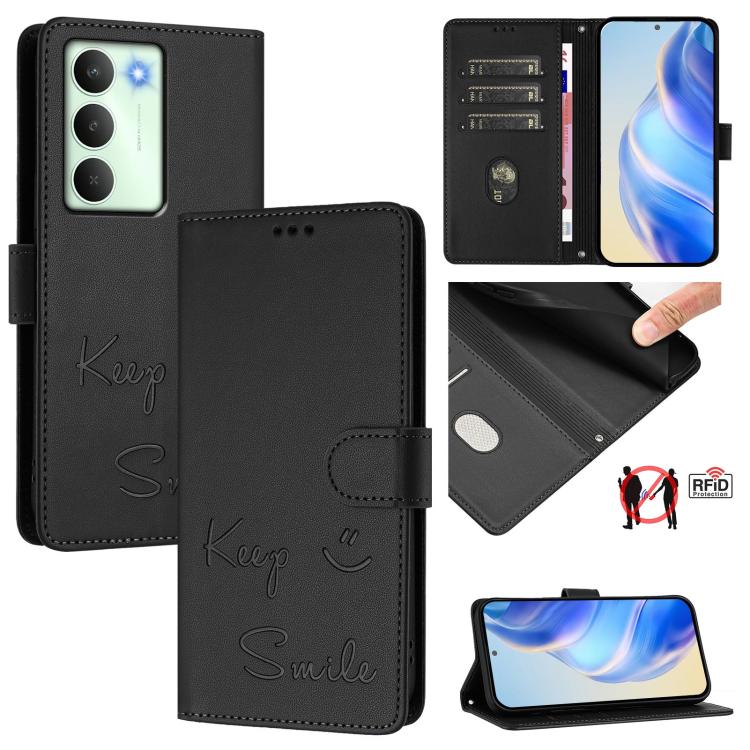 Smile Embossing RFID Leather Phone Case, For Realme 14x Global / V70 5G / C75 5G, For Realme Narzo 80 Pro / 14 Pro 5G India, For Realme 14 5G / 14T 5G Global, For Realme P3 Ultra 5G, For Realme P3 5G, For Realme 14 Pro+ 5G, For Realme 14 Pro 5G